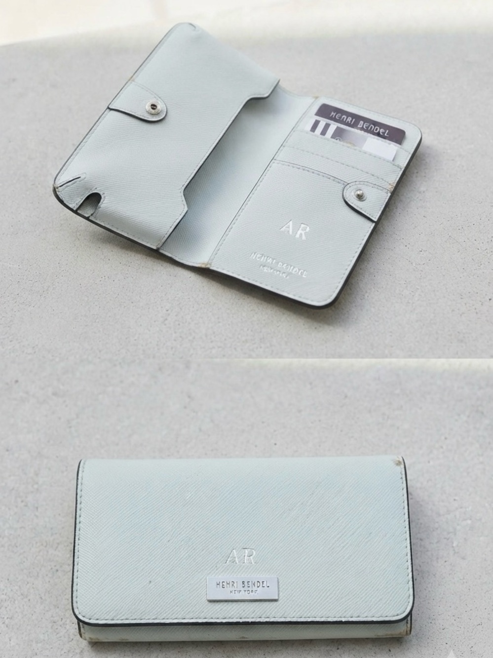 Henri Bendel Saffiano Leather Bifold Wallet Blue AR Monogrammed Hardware Wallet
